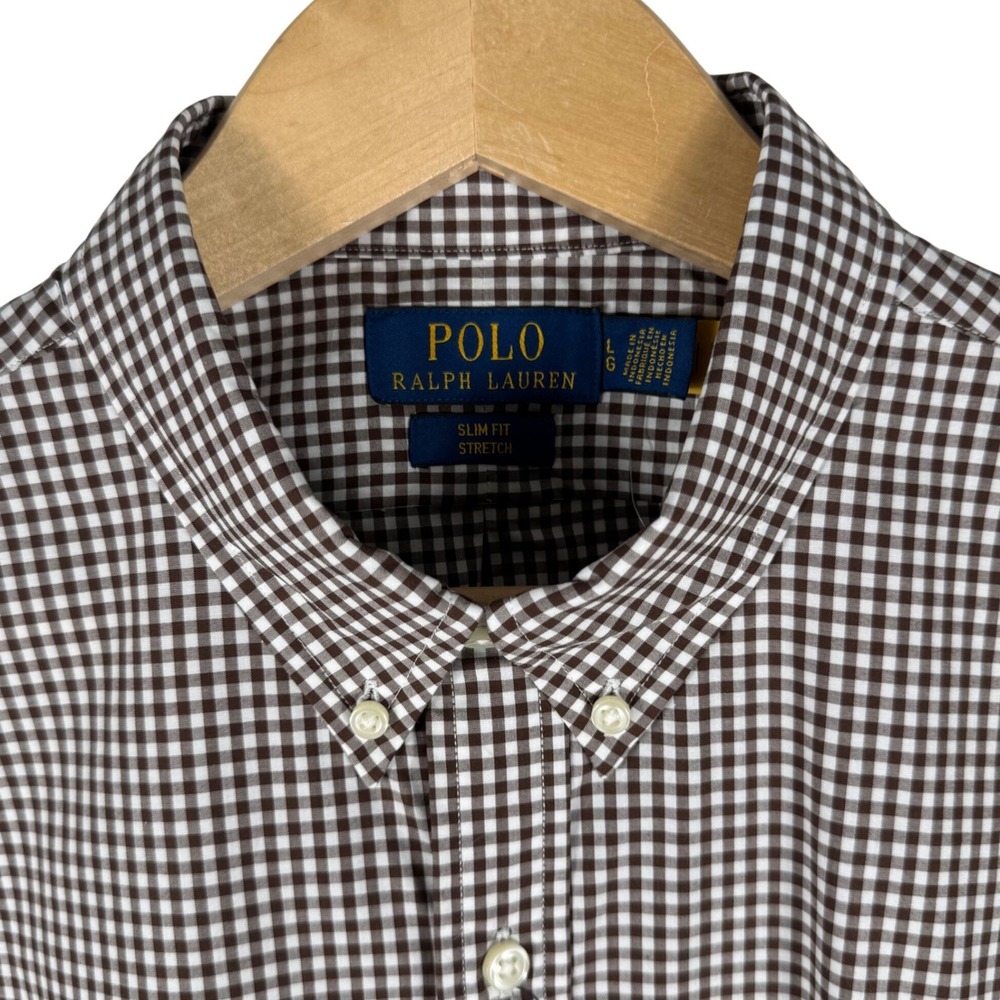 Polo Ralph Lauren Slim Fit Stretch Gingham Shirt Mens L Brown White  NEW